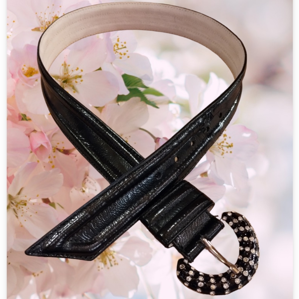 Betsy Johnson Black Patent Leather Belt With Rhinestone Buckle Size M